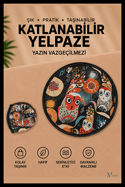 MAZEN Etnik Baykuş Desen Katlanabilir Yuvarlak Yazlık Taşınabilir El Yelpazesi