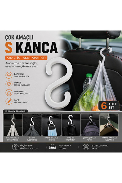 BRE HOME Set de 6 suporturi cu cârlig Mini S pentru interiorul mașinii, organ...