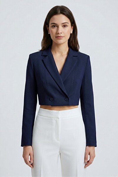 Saade Koyu Lacivert Kadın Regular Fit Kruvaze Kapama Dokuma Crop Blazer Ceket...