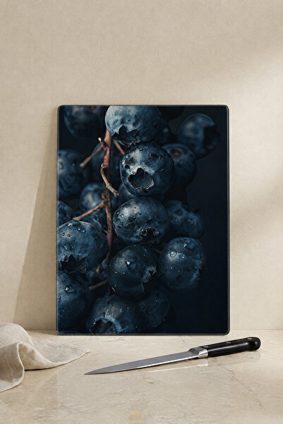 KHAKMA BlueBerryMood Cam Kesme Tahtası – 25x35 cm | Yaban Mersini Desenli Tem...