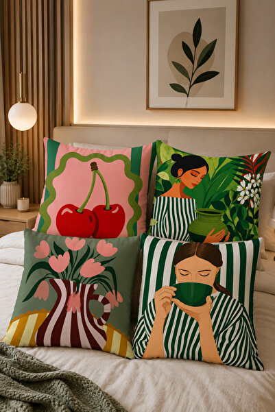 stellahomes Boho Retro Dekoratif Yastık Kılıfı Yeşil Pembe Çizgili Trend Kırl...