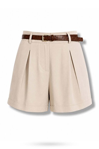 5in1Canpolat Pantaloni scurți plisati cu curea bej 580994