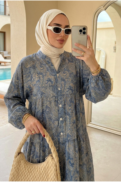 Kirazca Butik Kadın Akışkan Kumaş Desenli Tesettür Elbise