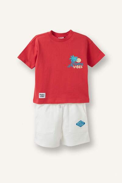 DeFacto Palm Tree Printed Short Sleeve T-Shirt Shorts 2-Piece Set Baby Boy H7...