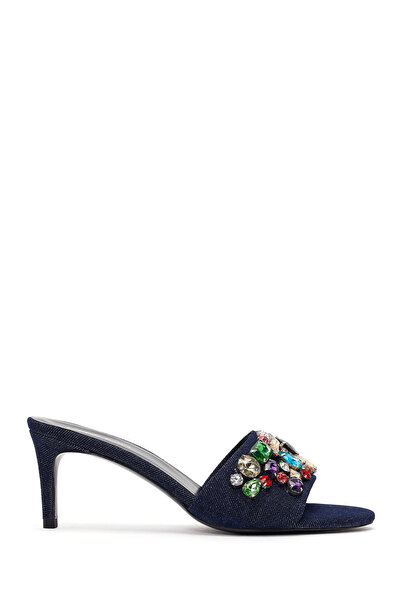 Derimod Women's Blue Thin Heeled Stoned Satin Slippers 26Sfd12166F