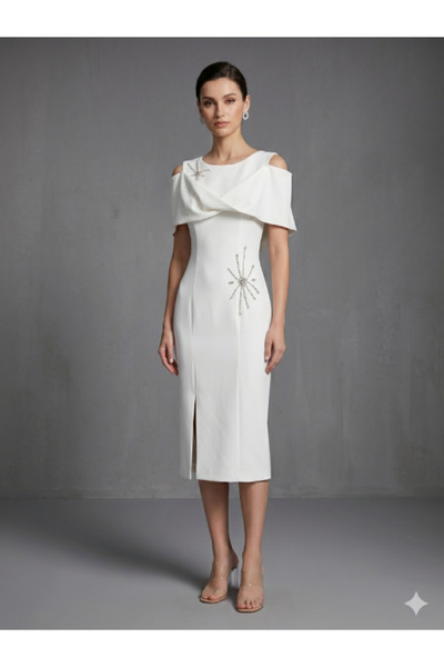 Topstar White Off Shoulder Midi Dress with Shiny Crystal Embroidery