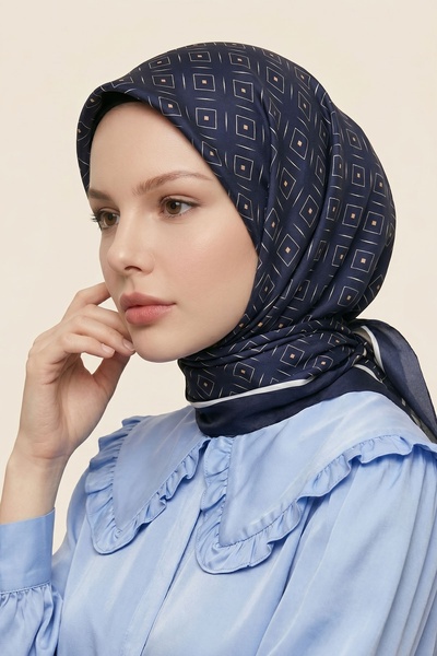 InStyle وشاح من القطن الناعم باللون الأزرق الداكن بنمط مربعات متسلسلة