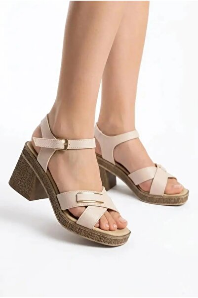 Lidora Women's Cream Cross Buckle Detailed Platform Heeled Sandals Ayk2086