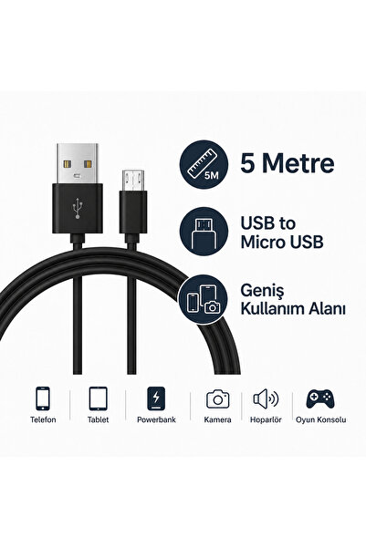 Coverzone 5 Metre USB to Micro USB Şarj Kablosu High Speed Charging Data Sync...