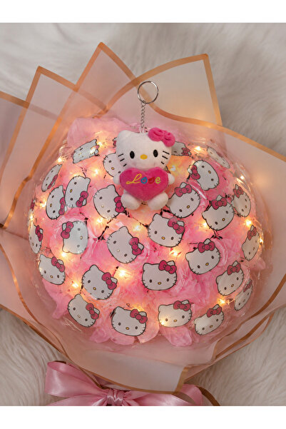 İNCİ sepette hello kitty Buketi pembe 30'lu Kedili Işıklı (LEDLİ) sevgiliye h...