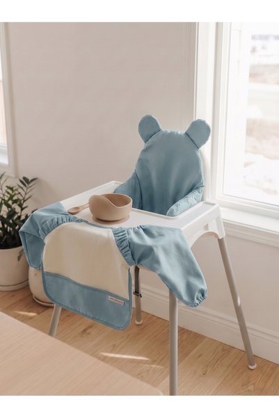 Dear Deer Love 2-Piece Blw Feeding Set - Baby High Chair Cushion and Long Sleeve Bib Set - Indigo
