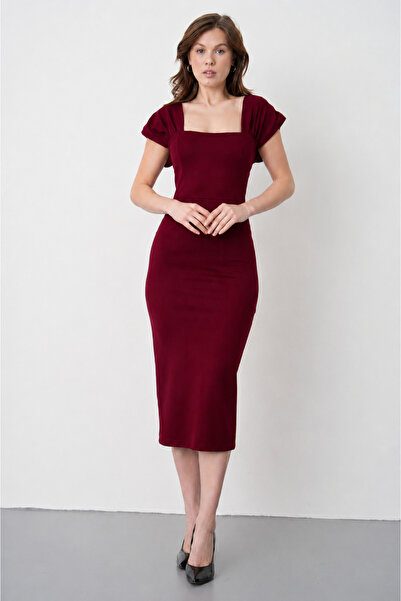 WOMAN VISION Rochie creion midi din țesătură crep burgundy, cu guler pătrat ș...