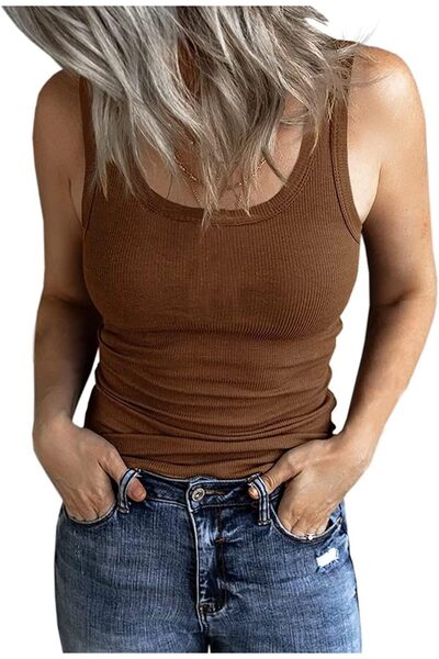 Elfin Women's Ribbed Tank Top Sexy U-Neck Fitted Basic Elastic Sleeveless Top