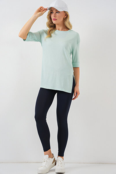 Modamorfo 4332 Knitted T-Shirt with Side Slits - Mint