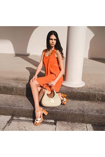 Desa Women's Orange Wide Round Collar Suede Flared Dress