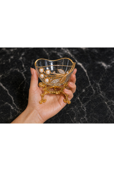 Elta Collection İnci & Çiçek Detaylı Cam Dekoratif Sunumluk | Gold Ayaklı Lük...