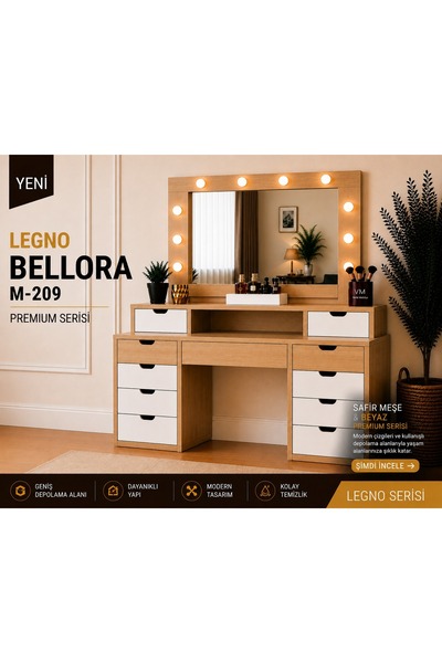 VM VERTEX MOBİLYA Legno Bellora Premium Aynalı Makyaj Masası Safir Meşe-Beyaz