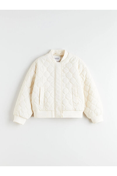 LC Waikiki Girl's Ecru Stand Collar Quilted Patterned Coat