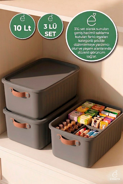 EVONİTA Dekoratif Saklama Kutusu 3lü Kapaklı Organizer Banyo Mutfak Düzenleyi...