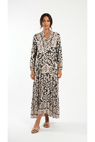 Şeker Portakalım Hakim Collar Front Buttoned Long Sleeve Bohemian Maxi Dress ...