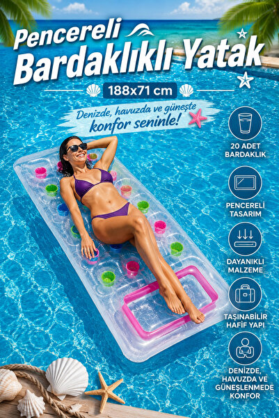 craftivio Şeffaf Pencereli 20 Bardaklıklı Şişme Deniz ve Havuz Yatağı 188x71 cm