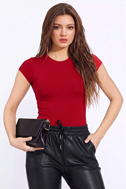 NEW JOURNAL Women's Red Crew Neck Short Sleeve Snap Fastener Bodysuit Nj169