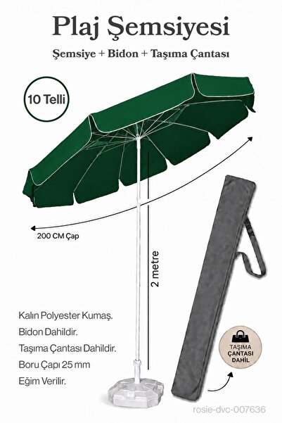 Düvenci Yeşil Plaj Şemsiyesi 200 cm Çap / 10 Telli + Bidon + Taşıma Çantası D...