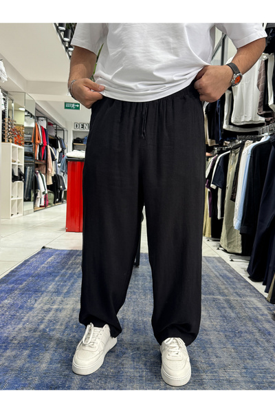 BYBASICMAN Crne lanene teksturirane široke pantalone JJ-105