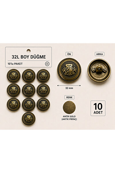 SAVIOBBT ANTİK GOLD AYAKLI METAL 32L BOY DÜĞME 10LU PAKET