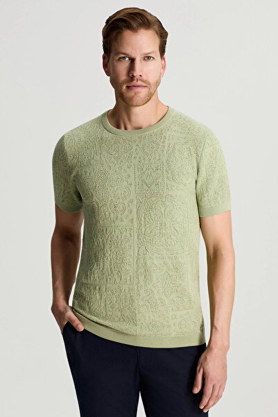 Hemington Saf Pamuk Paisley Desen Bisiklet Yaka Yeşil Triko T-Shirt