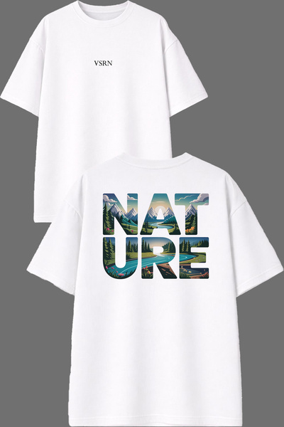 VSRN Tricou supradimensionat alb cu imprimeu în față și în spate, cu design N...