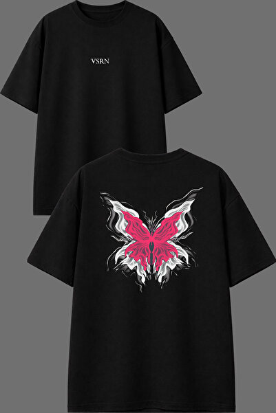 VSRN Tricou oversize negru cu imprimeu în față și în spate, cu design colorat...