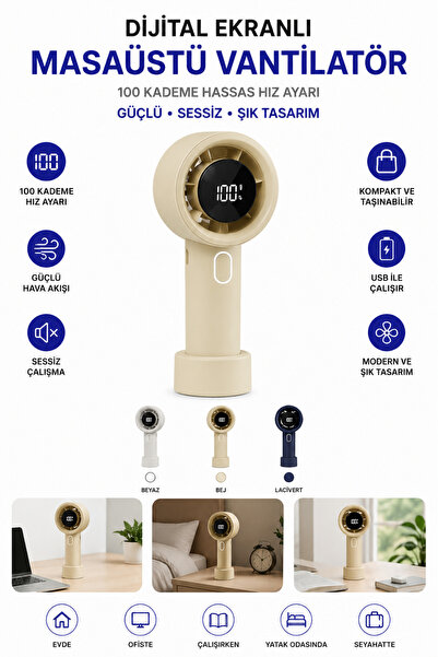 Yussraw 100 Kademe Dijital Ekranlı Mini Masaüstü ve El Fanı USB Şarjlı Taşına...