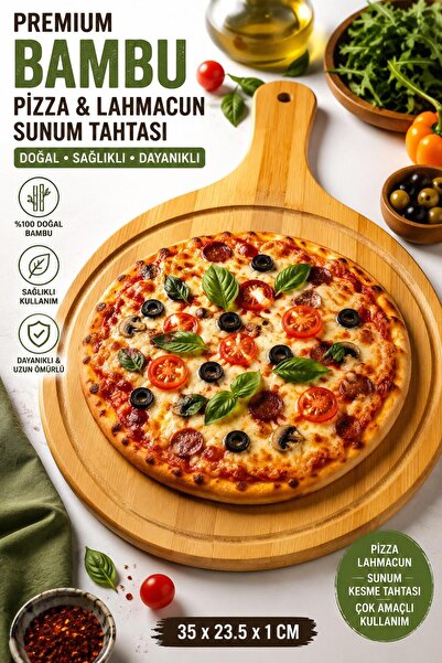 legna Bambu Pizza Sunum Tahtası 35x23.5 cm Saplı Ahşap Servis Tahtası