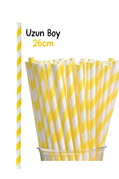 parti pera Sarı Beyaz Çizgili Kağıt Pipet 24'lü Paket 26 cm
