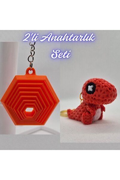 3DAtölyeMaker Orange Moving Hexagon and Red Knitted Pattern Moving Dino Keychain