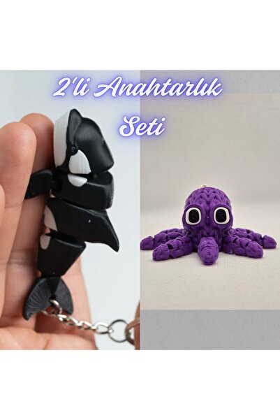 3DAtölyeMaker Black Flexible Whale and Purple Knitted Pattern Octopus Keychain