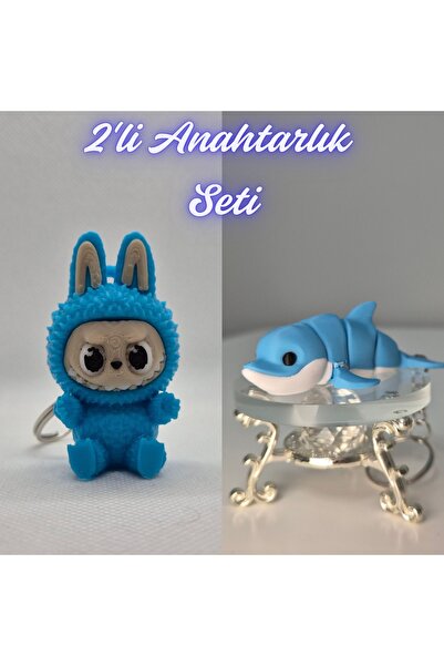 3DAtölyeMaker Light Blue Labubu and Light Blue Flexible Colorful Dolphin Keyc...