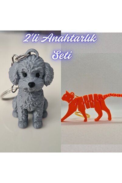 3DAtölyeMaker Silver Poddle Dog and Orange Flexible Cat Keychain