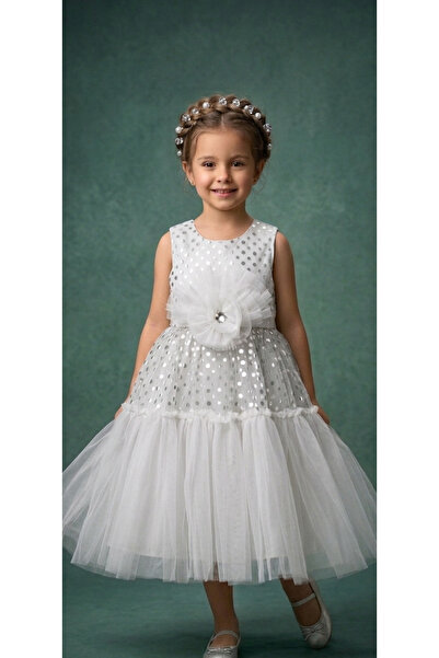 denizden Girl's Tulle and Silver Polka Dot Special Occasion Dress