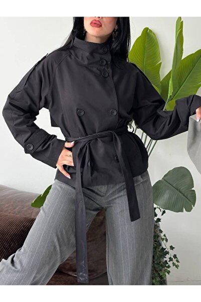 VESS MODA Trench scurt cu guler înalt, model ZR, căptușit, cu detaliu de prot...