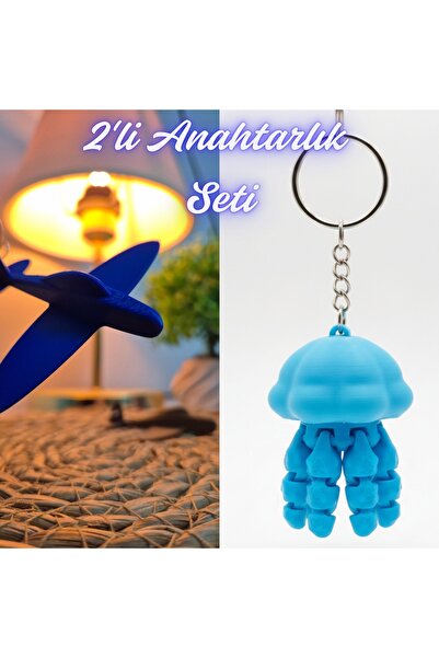 3DAtölyeMaker Blue Airplane and Light Blue Moving Jellyfish Keychain