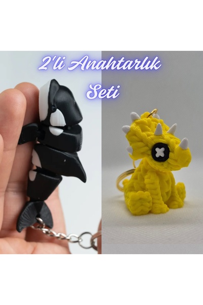 3DAtölyeMaker Black Flexible Whale and Yellow Knitted Pattern Triceratops Key...