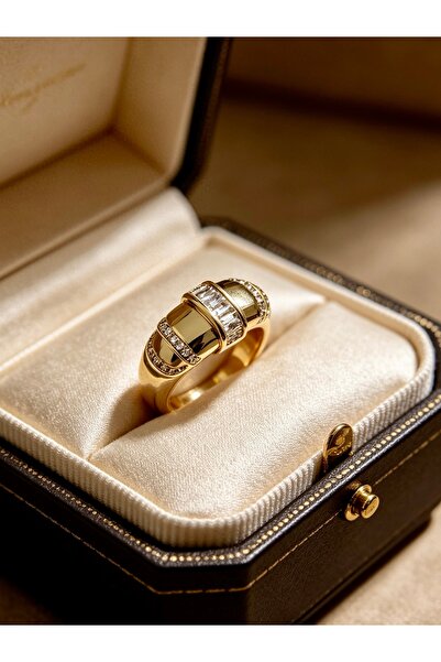 ayoljewelry Gold Çelik Vintage Stil Hacimli Sıra Taşlı Premium Yüzük