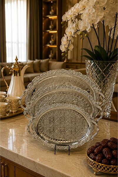 Generic Luxury Wavy Edge Design Oval Shape Charming Silver Serving Tray Set (...