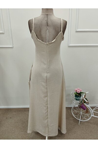NOİR & GOLD Women's Rope Strap V-Neck Long Dress with Pocket Detail
