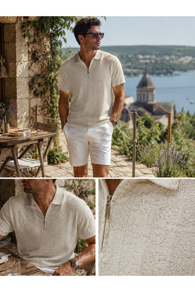 Maccali Men's Trend Premium Comfortable Beige Linen Polo Collar T-Shirt