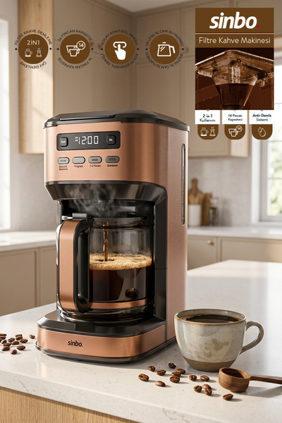 SCM-9043 Otomatik Zaman Ayarlı XL 14 Fincan Filtre Kahve Makinesi Dijital Göstergeli - Bakır