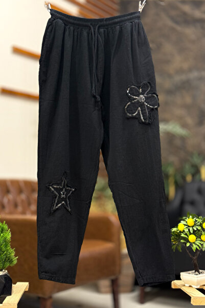 sahnemoda Çiçek Yıldız Baskı İşleme Keten Pantolon