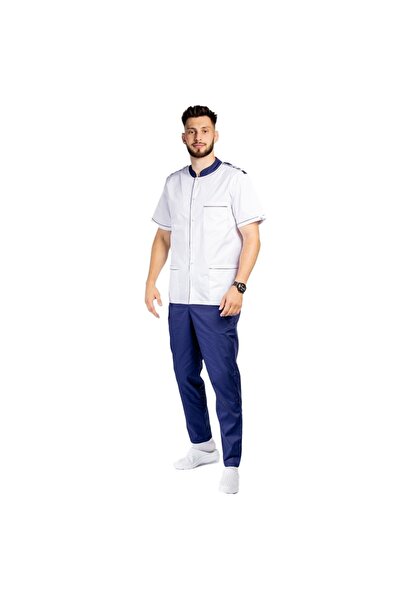 RUNI Uniforma bucatar tip tunica, cu bluza alb cu paspol bleumarin, epoleti s...